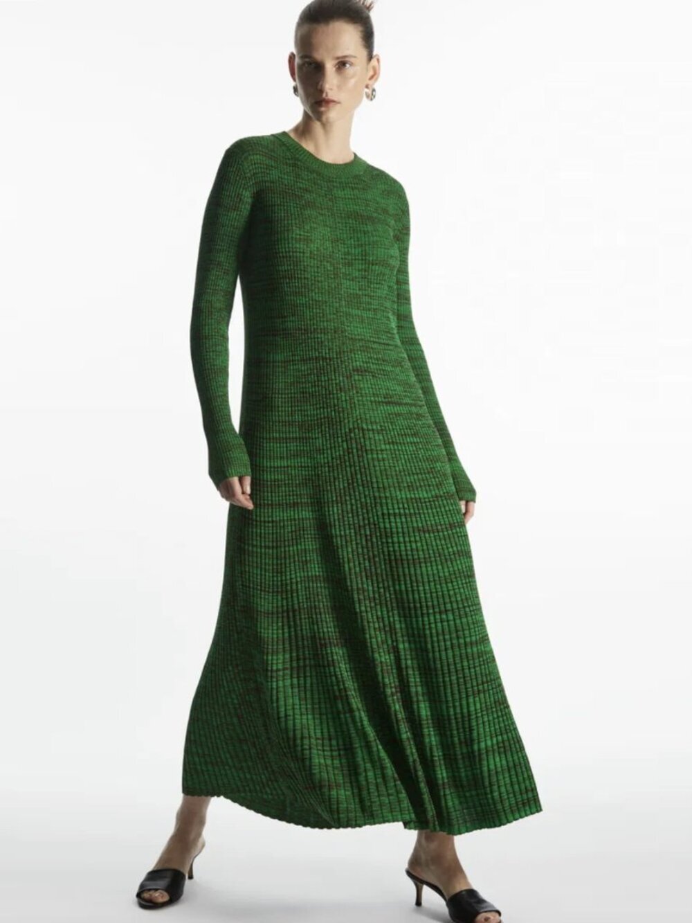 COS Mélange Ribbed Long Sleeved Body Con Green Striped Knitted Midi Dress, Small